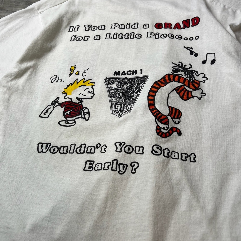 Vintage 1992 Calvin & Hobbes Parody T-Shirt Mens Medium White Reggae Bash 90s